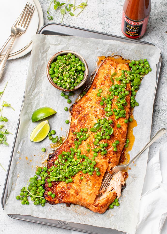 **[Salmon with spicy glaze](https://www.changs.com/recipes/Salmon-with-Spicy-Glaze/|target="_blank"|rel="nofollow")**

Add a little (or a lot) of spice to your salmon. The marinade has just enough heat with [Chang's Original Hot Chilli Sauce](https://www.changs.com/products/Changs-Original-Hot-Chilli-Sauce-280ml/|target="_blank"|rel="nofollow"), while the dressed peas will balance the flavours beautifully.