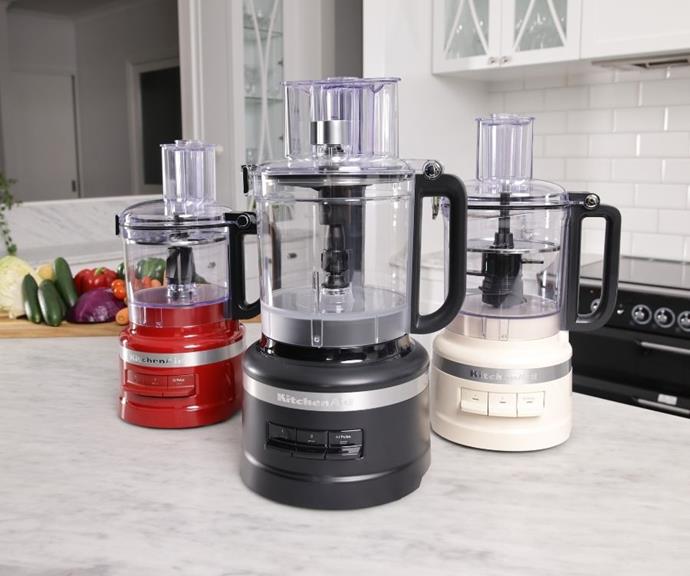 The impressive range of functions are available across KitchenAid's 7, 9 and 13-cup food processors.