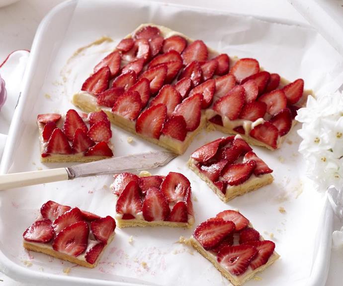 **[Strawberry custard slice](https://www.womensweeklyfood.com.au/recipes/strawberry-custard-slice-3570|target="_blank"|rel="nofollow")** 

This delicious slice is a pretty addition to high tea or brunch with friends. The homemade dough base is topped with custard and layers of bright strawberries brushed with raspberry jam. Cut into rectangular bites to create small morsels of sweetness.
