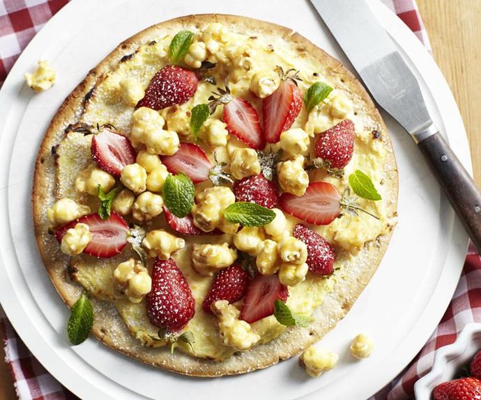 **[Strawberry bliss bomb pizzas](https://www.womensweeklyfood.com.au/recipes/gluten-free-strawberry-bliss-bomb-pizzas-9958|target="_blank"|rel="nofollow")**

Turn your ordinary weeknight pizza into a gluten-free dessert with a sweet and savoury flavour profile. Gluten-free pizza bases are sprinkled with homemade caramelised popcorn,  buttery pecans and sweet strawberries dusted with icing sugar. Add fresh mint leaves for a pop of greenery. 
