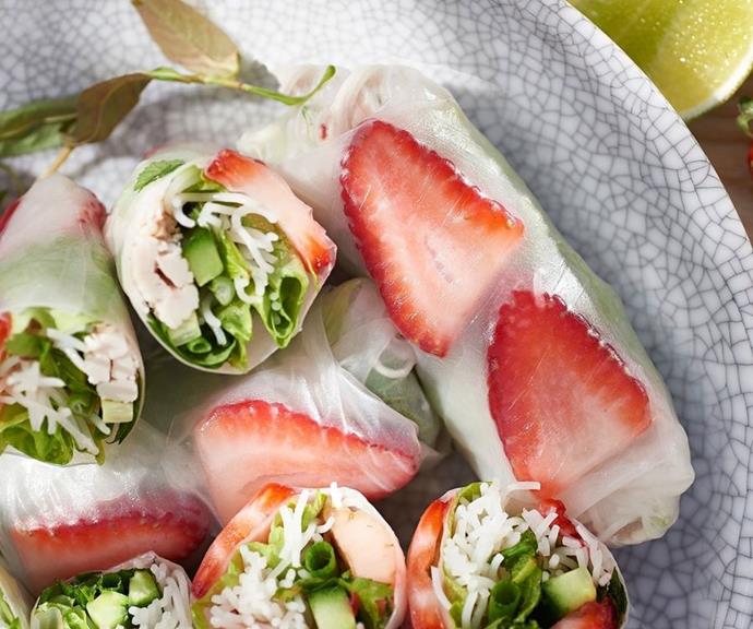 **[Strawberry rice paper rolls](https://vicstrawberry.com.au/?page_id=18230|target="_blank"|rel="nofollow")**  

Surprise guests with a burst of sweetness when they bite into these easy rice paper rolls. As strawberries are in abundance during the warmer months, these savoury favourites are a great lunch option for picnics and alfresco affairs. Just make sure you eat them on the day: they can be made up to four hours ahead and wrapped in plastic to prevent them from drying out.  

