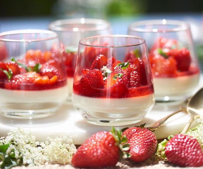 **[Vanilla Panna Cotta with Strawberry and Elderflower Sauce](https://vicstrawberry.com.au/?page_id=18294|target="_blank"|rel="nofollow")**
 
These panna cotta desserts are a visual spectacle and promise to amaze your guests. The recipe is a brilliant combination of bright red berries, strawberry and elderflower sauce and vanilla cream. Scatter with baby basil leaves or edible flowers to up the wow factor. 
