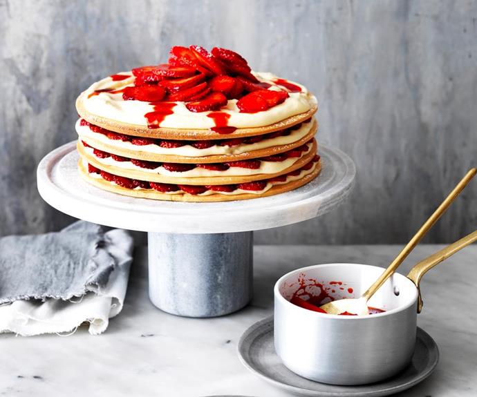 **[Strawberries and cream shortcake](https://www.womensweeklyfood.com.au/recipes/strawberries-and-cream-shortcake-31920|target="_blank"|rel="nofollow")**

To make this spectacular layered cake, place one shortbread round on a cake stand and top with pastry cream and fresh sliced strawberries. Repeat the layering three more times and drizzle with strawberry compote and syrup. Make on the day of your event to welcome guests into your home with the highly fragrant, sugary scent of berries.  