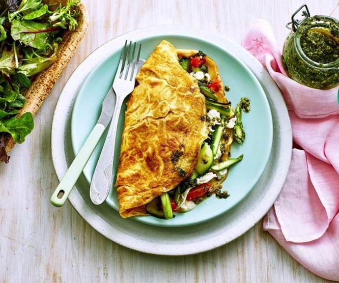 **[Spring vegetable omelettes](https://www.womensweeklyfood.com.au/recipes/spring-vegetable-omelettes-1704|target="_blank")**

This savoury vegetable omelette is equal parts nourishing and delicious. It's bursting with fresh zucchini, asparagus and tomatoes, and oozing zesty pesto and mozzarella cheese. Made with eight eggs in the mix this omelette is a high protein hit.