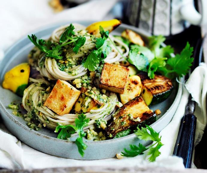 **[Zucchini and tofu noodles with coriander pesto](https://www.womensweeklyfood.com.au/recipes/zucchini-and-tofu-noodles-with-coriander-pesto-29486|target="_blank")**

This nourishing zucchini and tofu noodles dish is the fast-track to fuelling your body. Tofu contains all nine essential amino acids, so this meat alternative is a fantastic option to up your protein intake. In this satisfying dish, the tofu absorbs the fresh flavour of coriander pesto for a mouth-watering lunch or dinner.