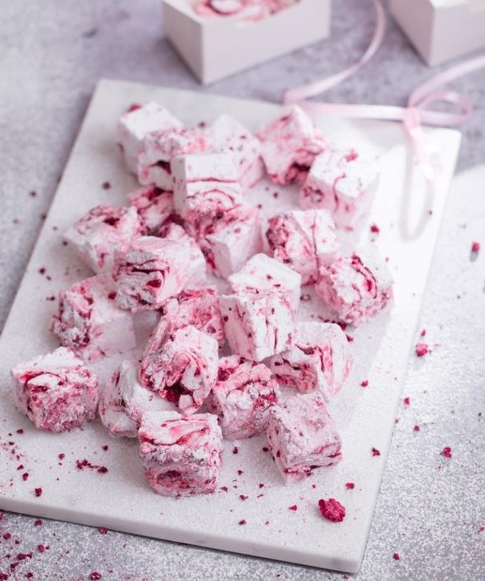 **[Raspberry marshmallow squares](https://www.kenwoodworld.com/en-au/recipes/raspberry-marshmallow-squares|target="_blank"|rel="nofollow")** 

Juicy raspberries are the hero of these delicate marshmallow squares. The small morsels with a marbled raspberry coulis surface look almost too good to eat. Pretty in pink, they are also great for gifting. Simply pack a handful into small boxes and tie with pink ribbon for the ideal edible present.