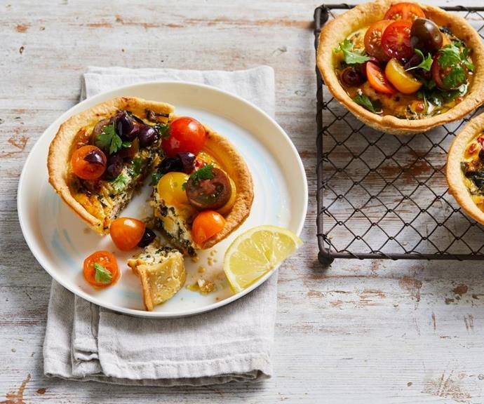 [Tomato Greek pies](https://www.perfection.com.au/recipes/greek-pies-with-marinated-mix-a-mato-tomatoes?hsLang=en-au|target="_blank"|rel="nofollow") 

A traditional Greek pie with a fresh twist. These all-stars showcase the best of Mediterranean flavours encapsulated into handy individual pies, perfect for a party! If there are any leftovers (highly unlikely), pop them in the freezer or add them to your weekday lunchbox. 
