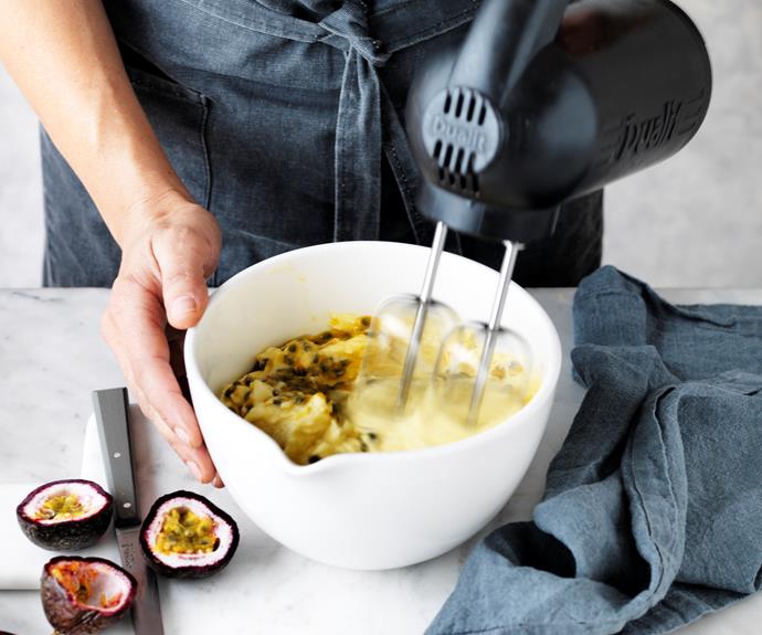 To make passionfruit buttercream, beat butter and cream cheese in a small bowl with an electric mixer on medium speed until light and fluffy. Beat in sifted icing sugar and passionfruit pulp until mixture is well combined and fluffy.