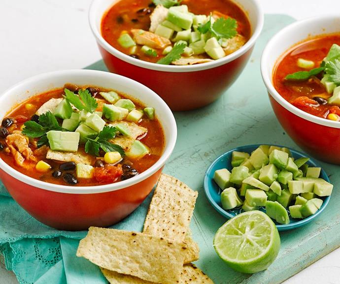 **[Chicken and bean tortilla soup](https://www.womensweeklyfood.com.au/recipes/10-minute-tortilla-soup-1623|target="_blank")**
Without a doubt, soup is one of the best soul foods on a chilly evening. This Mexican-style recipe combines tender chicken with healthy black beans and corn kernels. With a few supermarket shortcuts, you can whip it up within minutes — just top with avocado and tortilla strips.