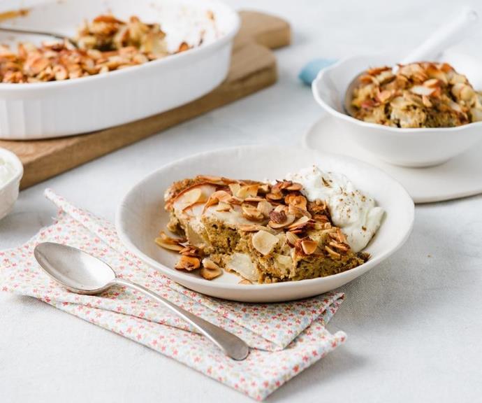 **[Pear and almond breakfast bake](https://www.glnc.org.au/recipes/breakfast/pear-almond-breakfast-bake/|target="_blank"|rel="nofollow")**
This delicious breakfast bake provides one serve of whole grains, due to the inclusion of Weet-Bix wheat biscuits which are high in fibre and a great source of protein. Baked pears, maple syrup and sliced almonds combine to create a sweet, crumbly bake.