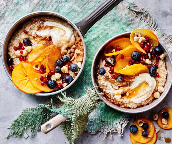 **[Maple syrup porridge](https://www.womensweeklyfood.com.au/recipes/maple-syrup-porridge-recipe-31033|target="_blank")**
This three-grain porridge is packed with brown rice, pearl barley and [steel cut oats](https://www.eatingwell.com/article/7872901/health-benefits-of-steel-cut-oats/|target="_blank"|rel="nofollow") for a high-fibre breakfast, while pomegranate seeds, persimmon slices and blueberries are a sweet addition. Taking just under an hour to make, this warm porridge encourages you to slow down and savour the morning.