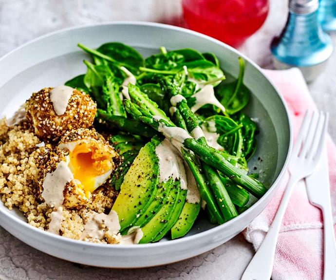 **[Dukkah eggs and quinoa breakfast bowl](https://www.womensweeklyfood.com.au/recipes/healthy-breakfast-bowl-30683|target="_blank")**
Step up to the breakfast plate with this colourful recipe. Rolled in dukkah and drizzled with tahini dressing, boiled eggs sit atop a bed of healthy greens and protein-rich quinoa. 

While quinoa is not a true grain, [it is nutritionally similar](https://www.glnc.org.au/grains/types-of-grains/quinoa/#:~:text=Similar%20to%20amaranth%20and%20buckwheat,ways%20to%20'true'%20grains.|target="_blank"|rel="nofollow") to whole grains and contains significant amounts of essential amino acids. Quinoa has high dietary fibre content, contains vitamin E, magnesium, copper, iron, and zinc, and is a great source of protein.