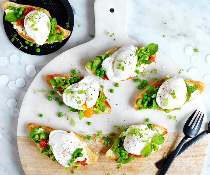 **[Crushed broad bean and pea bruschetta](https://www.womensweeklyfood.com.au/recipes/broad-bean-and-pea-bruschetta-32151|target="_blank")**
Bruschetta is as versatile as it is a crowd-pleaser. In this version, the grilled bread is topped with poached eggs, minted broad beans and peas — making for a flavoursome and filling breakfast. Loaded with nutrients, [broad beans](https://www.healthline.com/nutrition/fava-beans#:~:text=Fava%20beans%20%E2%80%94%20or%20broad%20beans,improved%20motor%20function%20and%20immunity.|target="_blank"|rel="nofollow") are green legumes that improve motor function and immunity. Swap the bread for whole grain or rye bread.