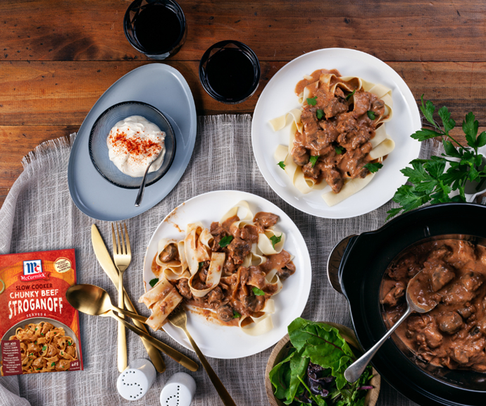 [**Chunky beef stroganoff**](https://nam04.safelinks.protection.outlook.com/?url=https%3A%2F%2Fwww.mccormick.com.au%2Frecipes%2Fslow-cookers%2Fchunky-beef-stroganoff&data=05%7C01%7Cannaliese_hagan%40mccormick.com%7C08479307c2db4b4dd49c08da3fa1b3cb%7Ce274a129849d4351ab827bd413959a93%7C0%7C0%7C637892261928525513%7CUnknown%7CTWFpbGZsb3d8eyJWIjoiMC4wLjAwMDAiLCJQIjoiV2luMzIiLCJBTiI6Ik1haWwiLCJXVCI6Mn0%3D%7C3000%7C%7C%7C&sdata=FKs8inAFHmEF9j2ADhyo8C6rRzC3qUgZ5Mjki3G7HfQ%3D&reserved=0|target="_blank"|rel="nofollow")

The traditional flavours of beef stroganoff come alive in this tender, slow cooked version. Just pop the meat and vegetables in your slow cooker, then mix in a [McCormick Slow Cookers Chunky Beef Stroganoff Recipe Base](https://www.mccormick.com.au/products/create-a-meal/slow-cookers/mccormick-slow-cookers-chunky-beef-stroganoff|target="_blank"|rel="nofollow") for the perfect stroganoff. While the pack cuts out artificial colours, flavours, and MSG, it has rich and fragrant flavour in spades.  
