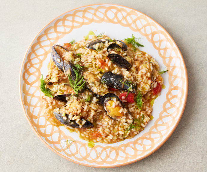 Oozy mussel risotto with fragrant fennel, sweet tomatoes & parmesan
