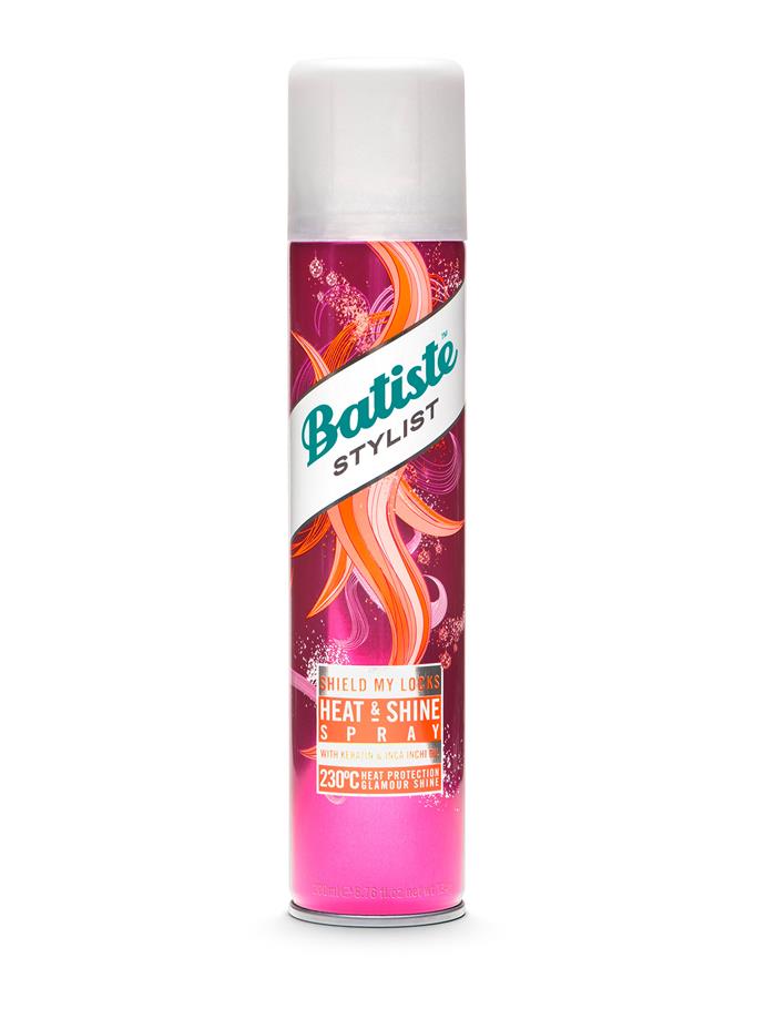 Batiste Stylist Heat and Shine Protect Spray, $12.95, at [Priceline](https://www.priceline.com.au/batiste-shield-my-locks-heat-shine-spray-200-ml|target="_blank"|rel="nofollow")