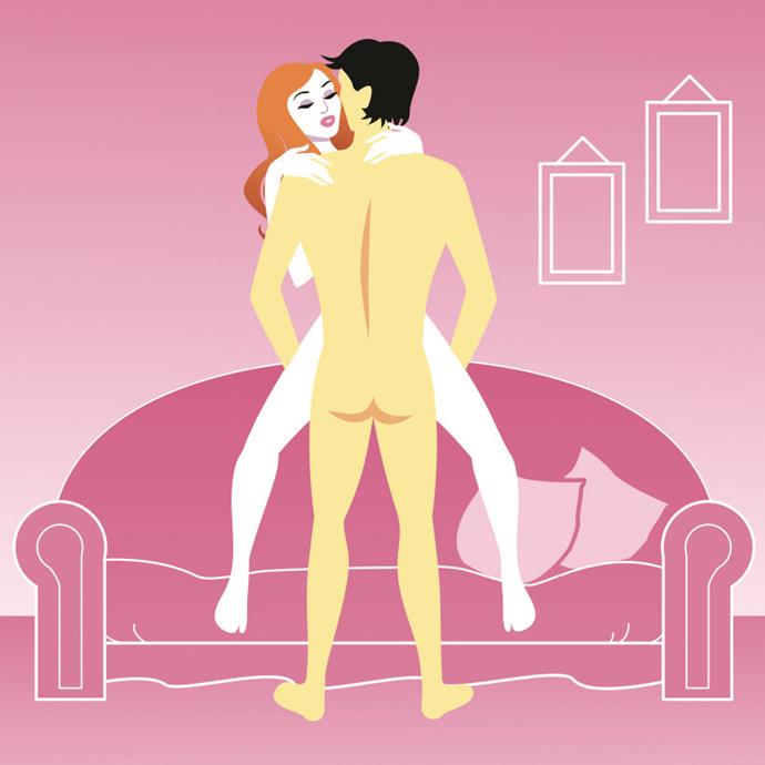 **Standing Sofa**

Stand up on the couch, legs spread, and get your man to lift you slightly — by the butt — and lower you onto his dick. Keep your tip toes on the couch to steady yourself and wrap your arms around his neck.