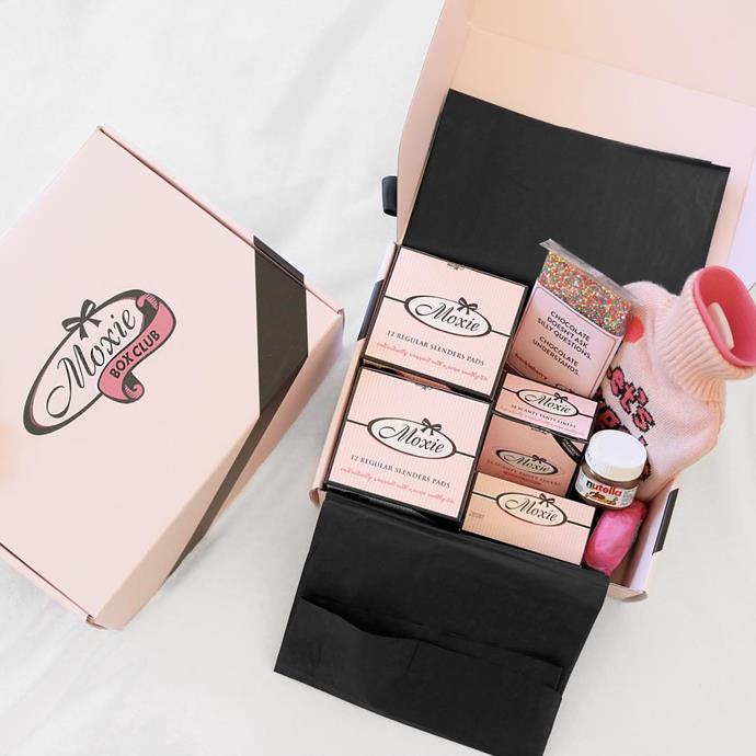 Moxie Boxes are like the pick-and-mix of the period world. You can choose five varying items to go in your monthly delivery - anything from pads, liners, tampons, feminine wipes, bath scrub, undies, chocolate bars and even a tub of nutella.
<br>
<Br>
Moxie Box Club, $30 per month from [Moxie](https://moxie.com.au/box-club).