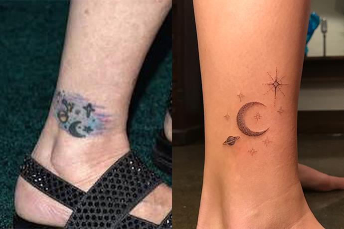 **Billie Lourd**
<br><br>
For the late Carrie Fisher's birthday, her daughter Billie Lourd got a matching tattoo in her honour. While the design is different, the celestial theme and placement (just above the right ankle) are the same. Billie had her tattoo done by [celebrity fave Dr. Woo](http://www.elle.com.au/beauty/dr-woo-celebrity-tattoos-13610|target="_blank").