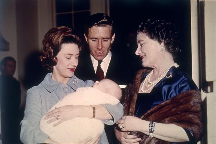 **1961**

Princess Margaret and Antony Armstrong-Jones, with their son, David Linley, and the Queen Mother.