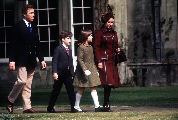 **1973**
Princess Margaret and Antony Armstrong-Jones, and their children, Lord Linley and Lady Sarah, at church in Badminton, Gloucestershire.