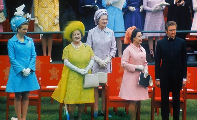 **1969**

Princess Margaret, Antony Armstrong-Jones, the Queen Mother, Princess Anne, and the Duchess of Abercorn at Caernarvon Castle.