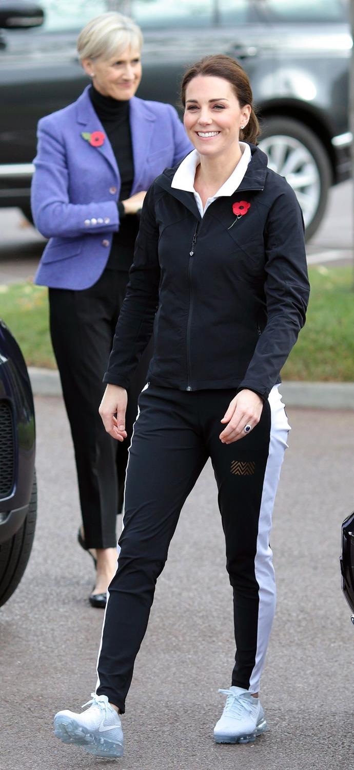 **$294**
On October 31, Kate visited the National Tennis Centre in Londonin a pair of Monreal London tuxedo track pants she already owned and a new pair of Nike Air VaporMax trainers.