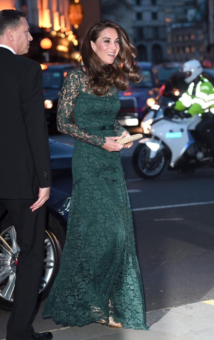 $2,250
On March 28, Kate attended the National Portrait Gallery gala in a green lace gown by Temperley London, which she already owned. She added Kiki McDonough Candy Pink Tourmaline and Green Amethyst Drop Earrings though.