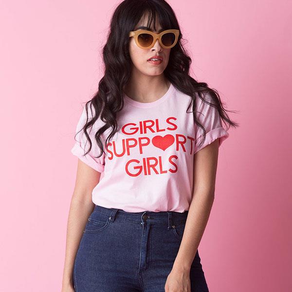 'Girls' T-shirt, $43 at [Hello Holiday](https://helloholiday.com/collections/girls-support-girls/products/girls-support-girls-t-shirt-in-pink|target="_blank"|rel="nofollow")