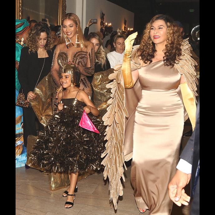 Beyoncé, Blue Ivy and Tina Knowles go for gold at the WACO Wearable Art Gala in March, 2018.