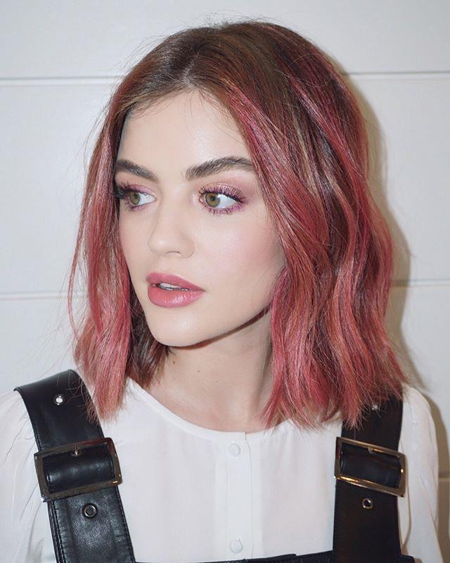 **Lucy Hale**
<br><br>
Lucy Hale had a [brief pink moment](https://www.instagram.com/p/BhcP6cIlJE1/?utm_source=ig_embed|target="_blank") when hairstylist Kristin Ess used her [Rose Gold Temporary Tint](https://www.priceline.com.au/kristin-ess-rose-gold-temporary-tint-200-g|target="_blank"|rel="nofollow") on the actress.