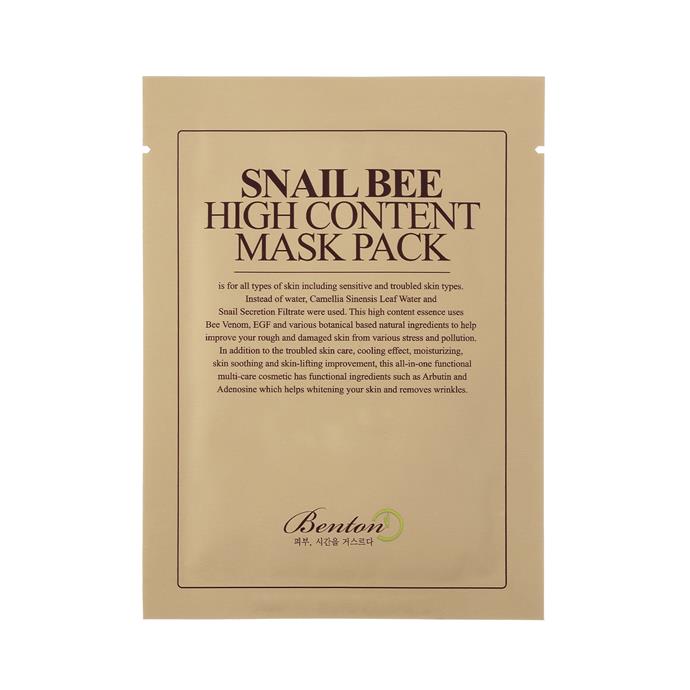 **Benton Snail Bee High Content Mask Pack, $3.20 each at [STYLE STORY](https://stylestory.com.au/products/masks/benton-snail-bee-high-content-mask-pack/|target="_blank"|rel="nofollow")**  
<br><br>
Containing K-beauty favourites snail mucin and bee venom, this cult-favourite cotton sheet mask calms redness, evens out skin tone, brightens the complexion, increases the skin's elasticity, locks in moisture, and boost your skin's production of collagen and elasticin. 
<br><br>
It even works to fade acne scars and reduce hyper-pigmentation, and is certified cruelty-free by PETA.