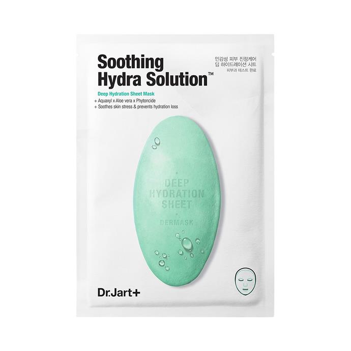 ** DR.JART+ Mask Waterjet Soothing Hydra Solution, $7 each at [Sephora](https://www.sephora.com.au/products/dr-jart-mask-waterjet-soothing-hydra-solution/v/1-sheet|target="_blank"|rel="nofollow")**
<br><br>
This lightweight cellulose mask injects the contained essential nutrients and moisturising ingredients straight into the skin. Botanical extracts, including aloe vera and phytoncides, work to soothe stressed skin with its antiseptic and anti-inflammatory properties. It also moisturises and cools.