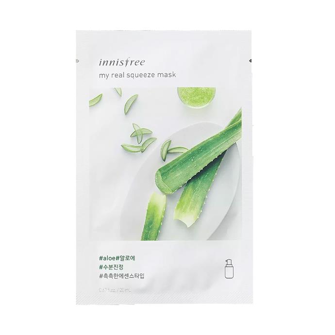**Innisfree Aloe My Real Squeeze Mask, $2 each at [Innisfree](http://www.innisfreeworld.com/product/productView.do?prdSeq=11087&eventSeq=0&catCd01=UA|target="_blank"|rel="nofollow")** 
<br><br>
This moisturising cellulose mask is enriched with cold pressed aloe, which works to protect tired skin from external stimulants. In the traditional function of the aloe plant, it also soothes and calms the skin as, as well as improving its vibrancy.