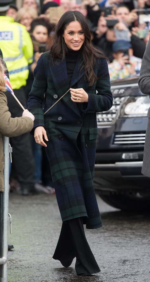 In a Burberry coat during a tour of Scotland, February 2018.