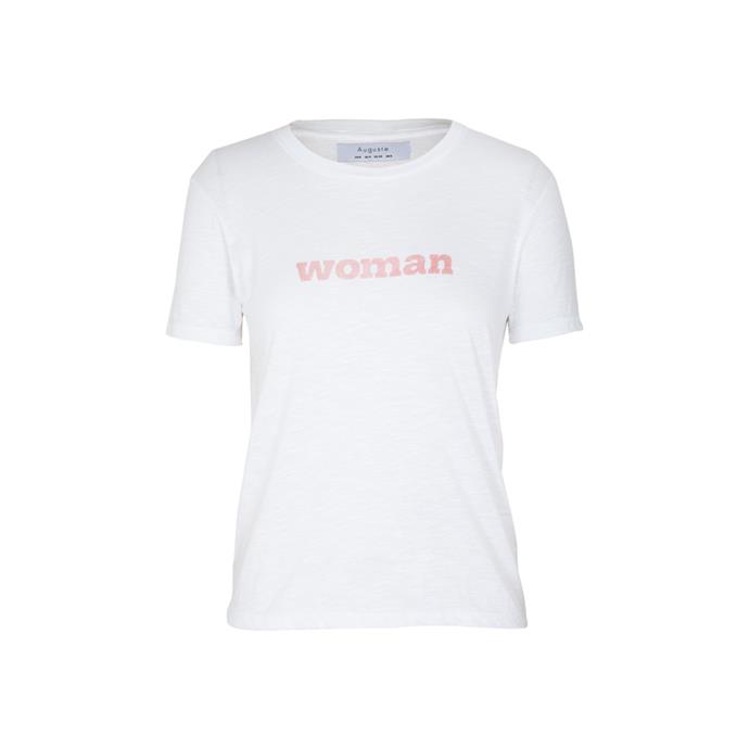'Woman' t-shirt, $59, at [Auguste](https://augustethelabel.com/collections/un-women/products/woman-tee-off-white|target="_blank"|rel="nofollow").
<br><br>
100% of all proceeds go to the UN Women National Committee Australia, which supports women in the pacific region.