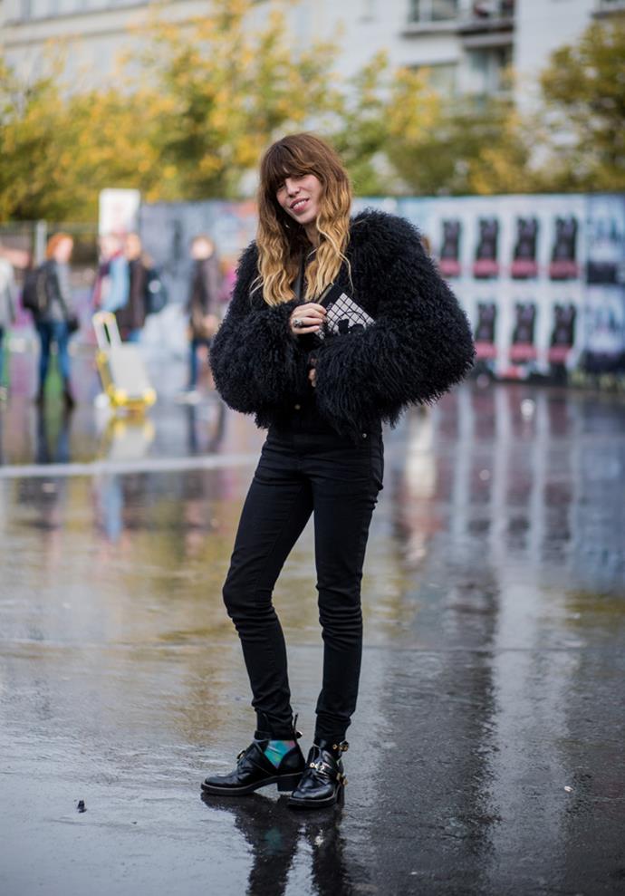 ***When in doubt, throw on some faux fur***<br><br>
If you're tired of your jeans-and-tee combo, adding rock-and-roll boots and your favourite faux fur jacket is the easiest way to update it—Lou Doillon shows how.