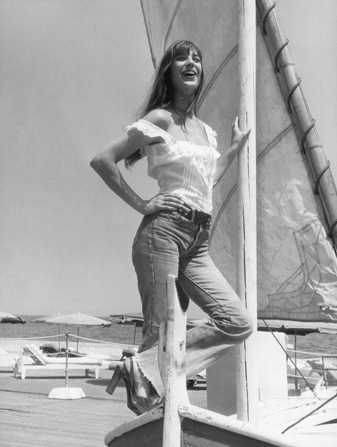 Wearing a very Dakota Johnson-esque outfit on the Cote D'Azur in 1973.