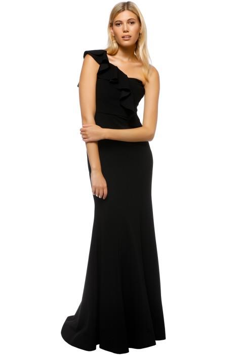 'Gigi' gown by Rebecca Vallace, $269 hire via [Glam Corner](https://www.glamcorner.com.au/designers/rebecca-vallance/gigi-bustiere-gown-black|target="_blank"|rel="nofollow"). 