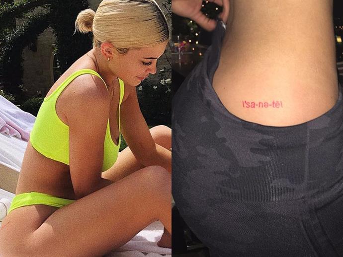 **KYLIE JENNER**
<br><br>
Jenner had 'sanity' in its phonetic spelling ('sa-nə-tē\) tattooed on her hip in red ink. She later added the word 'before' in cursive in front of the original tattoo.