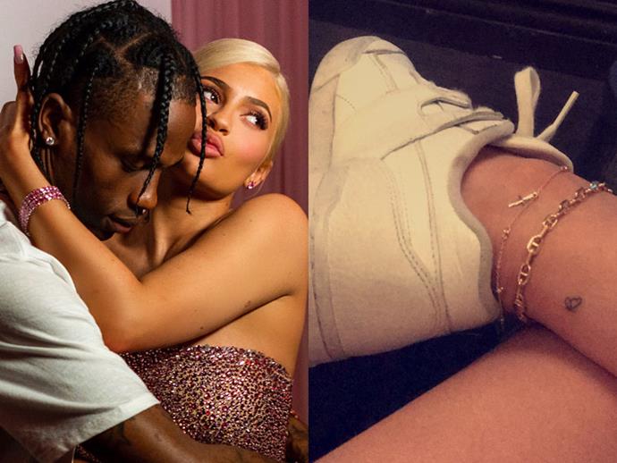 **KYLIE JENNER**
<br><br>
In May 2019, Jenner marked major relationship milestone with her then-boyfriend, Travis Scott, by getting [matching couple's tattoos](https://www.elle.com.au/beauty/celebrity-couple-tattoos-22752|target="_blank") of a butterfly their ankles (likely a reference to Scott's song "Butterfly Effect").