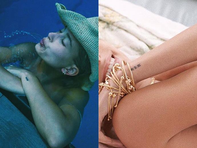 **HAILEY BIEBER**
<br><br>
In January 2015, The model opted to get her parents' wedding anniversary in roman numerals tattooed on her left wrist. The date reads "VI-X-XC", or "6-10-90".