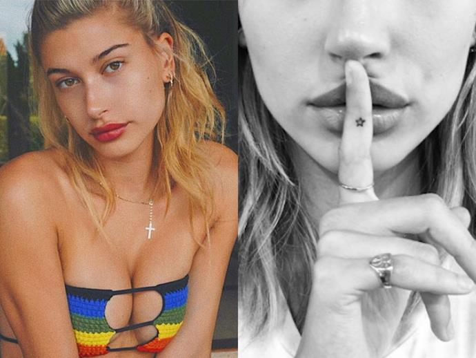 **HAILEY BIEBER*
<br><br>
Unlike many of her other tattoos, Bieber tiny star on her right index finger seems to have been inked without a meaning behind it.