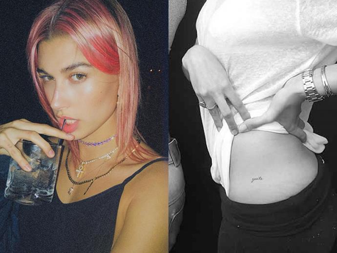 **HAILEY BIEBER**
<br><br>
The model tattooed the word 'gente' on her left hip, which translates to 'people' in her mother's native tongue of Brazilian Portuguese.
