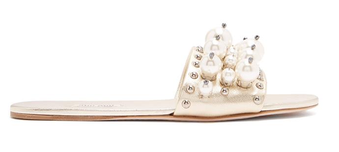 **For The: Boho Bride**
<br><br> 
Slides by Miu Miu, $1,350 at [MATCHESFASHION.COM](https://www.matchesfashion.com/au/products/Miu-Miu-Faux-pearl-embellished-leather-slides-1217560|target="_blank"|rel="nofollow") 