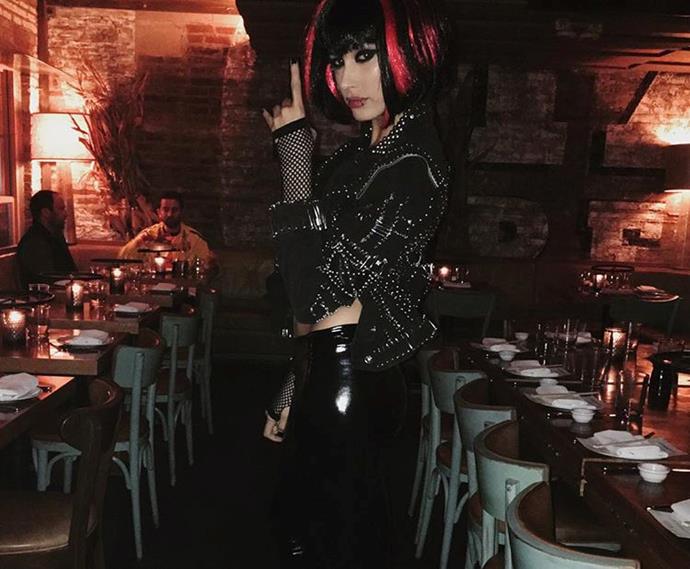 ***SCORPIO: Dark vixen***
<br><br>
What Aries are to flamboyance and vivacity, Scorpios are to sexiness and sultriness. Put a dark spin on the vixen trend with leather, mesh and a dark wig, like [Hailey Baldwin](https://www.elle.com.au/celebrity/hailey-baldwin-hailey-bieber-legal-name-18831|target="_blank"). 
<br><br>
*Image: [@haileybaldwin](https://www.instagram.com/p/9hos4hlDIB/?utm_source=ig_embed|target="_blank"|rel="nofollow")*