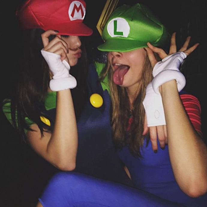 ***AQUARIUS: Video game character***
<br><br>
A video game character might sound like a ridiculous ploy, but if pulled off correctly, it could be a *massive* moment. Aquarians, try and convince one of your friends to be the Mario to your Luigi (or in this case, the Kendall Jenner to [Cara Delevingne](https://www.elle.com.au/celebrity/cara-delevingne-ashley-benson-couple-18274|target="_blank")). 
<br><br>
*Image: [@kendalljenner](https://www.instagram.com/kendalljenner/?hl=en|target="_blank"|rel="nofollow")*