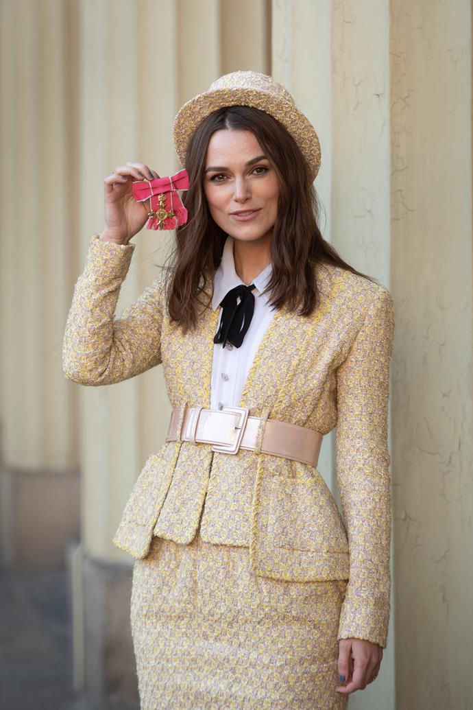 Keira Knightley Wore A Yellow Chanel Tweed Suit To Receive An OBE ...