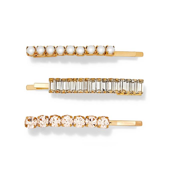 Set of three clips by Lelet NY, $206 at [NET-A-PORTER](https://www.net-a-porter.com/au/en/product/1138396/LELET_NY/set-of-three-lili-gold-plated-crystal-and-faux-pearl-hair-slides|target="_blank"|rel="nofollow").