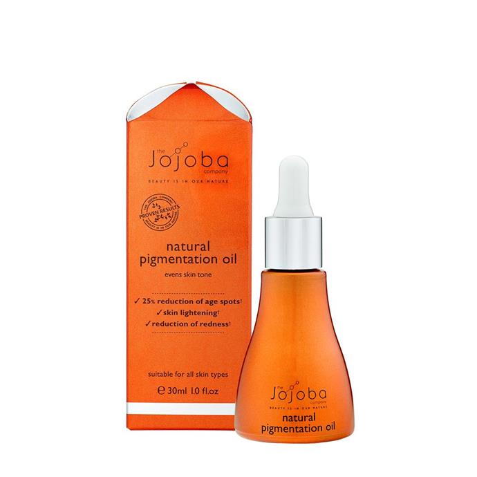 **For Reducing Pigmentation**<br>
*Natural Pigmentation Oil by Jojoba, for $39.95 at [jojoba.com](https://www.thejojobacompany.com.au/products/natural-pigmentation-oil|target="_blank"|rel="nofollow")* <br>
Jojoba's Natural Pigmentation Oil, is a great natural alternative for reducing pigmentation, age spots and redness. It's packed full of active ingredients that will give you the results you need within 6 weeks.